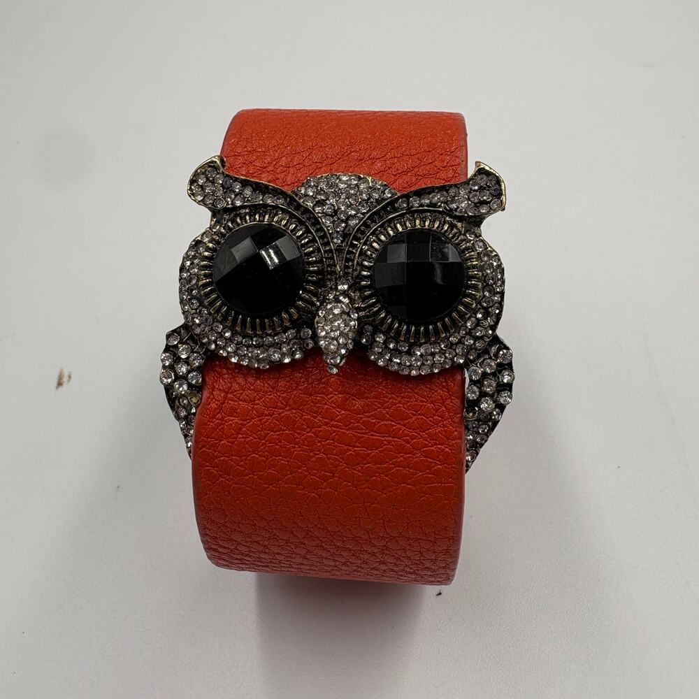 Orange Leather Owl Cuff Bracelet Rhinestone Black Eyes Boho Statement